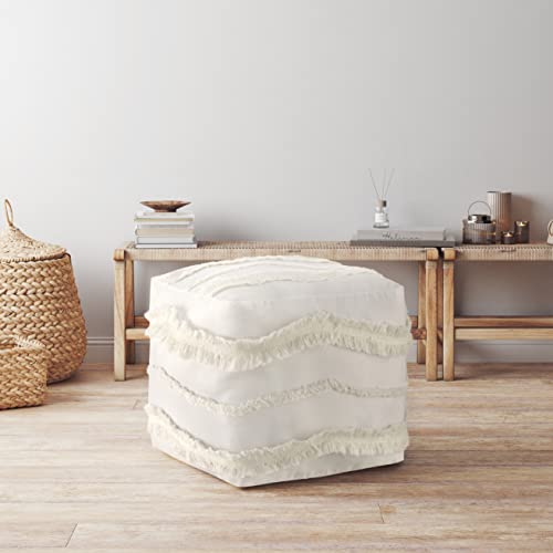 KB & Me Off White Ivory Canvas Boho Chic Tufted Pouf Cover Square Bohemian Fringe Minimalist Geometric Ottoman Storage Case Modern Foot Rest Floor Pillow Decorative Unstuffed Pouffe Cube