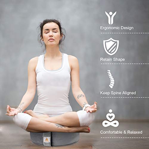 Embroidered Meditation Pillow D=16" H=5.5" Round Velvet Meditation Cushion Yoga Bolster Floor Pouf Zafu Natural Buckwheat hulls Sitting on Floor Removable Organic Cotton Cover Large Kneeling Pillow - color: Black & Yellow