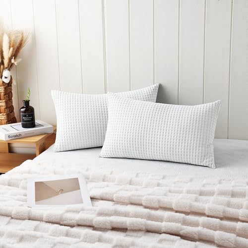 100% Egyptian Cotton 600 TC Waffle Weave Lumbar Pillow Covers 2 Pack, Ultra Soft Breathable Rectangle Throw Pillow Covers, Decorative Cushion Covers for Bed Couch Sofa Car, No Insert, White, 12" x 20" - color: White, size: 20" x 12" (Pack of 2)