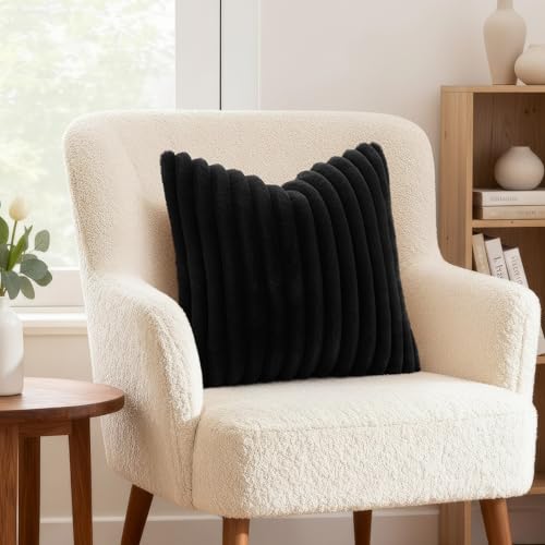 decorUhome Fall Cozy Faux Fur Throw Pillow Covers 24x24 Set of 2 Decorative Soft Plush Striped Modern Farmhouse Boho Couch Euro Sham Pillow Cases with Velvet Back for Sofa Bed Living Room, Black - color: Black, size: 24" x 24" (Pack of 2)