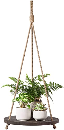 Dahey Hanging Plant Shelf Round Wood Rope Hanging Floating Shelf Vintage Home Decor Display Planter Rack for Living Room Bedroom Kitchen, Dark Brown - color: Brown