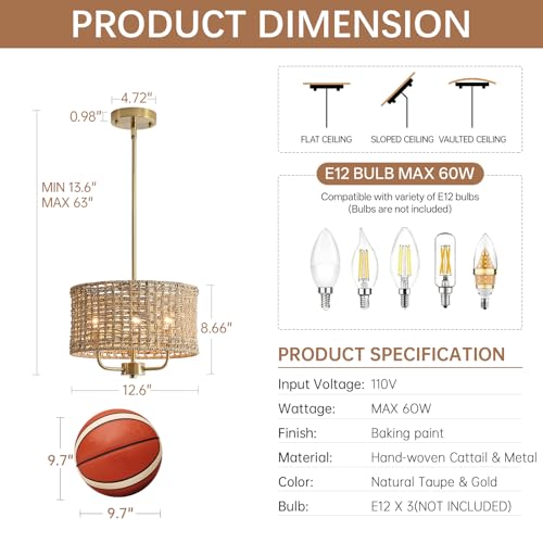 3-Light Rattan Chandelier Chandeliers for Dining Room, Boho Chandelier, Coastal Hand Woven Pendant Light Fixture for Kitchen Island Entryway Foyer Living Room Bedroom UL Listed Gold - color: Gold, size: 12.6"