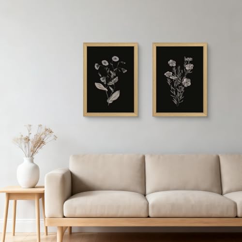 2Pc Framed Canvas Black Floral Wall Art Dark Toned Floral Painting Picture Wall Decor Vintage Plants Poster Print Artwork For Living Room Bedroom Office 12x16 Inches Can Be Hung Directly - color: Blackened flowers, size: 16"L x 12"W