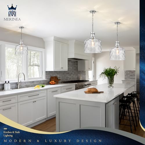 Farmhouse Pendant Light – Hand-Blown Clear Hammered Glass Shade, Chrome Finish, Adjustable Chain Hanging Fixture for Kitchen Island, Dining Room & Hallway, 15" H x 12" D - color: Chain Chrome