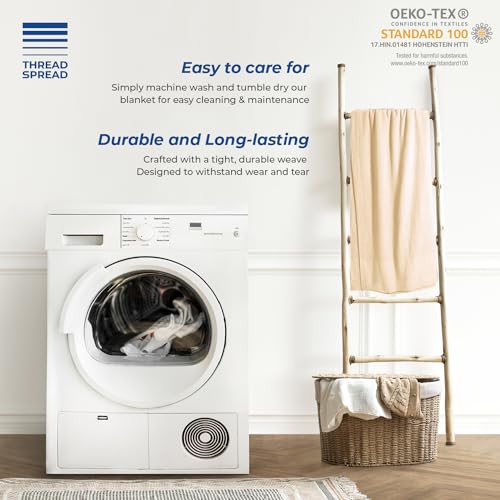 THREAD SPREAD Organic GOTS Certified Cotton Blanket, Twin/Twin XL - 350 GSM, Antistatic, Fuzzy Soft, Lightweight, Sofa, Camping & Travel, All-Season Herringbone Throw, Biege + Stylish Bonus Tote Bag - color: Herringbone - Beige, size: Twin / Twin XL