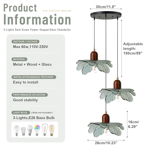 3 Light Dark Green Glass Pendant Light Mid Century Modern Chandelier Adjustable Hanging Ceiling Light Fixture E26 Base for Kitchen Island Dining Room Bedroom Living Room Cafe Restaurant - color: Dark Green, 3 Light