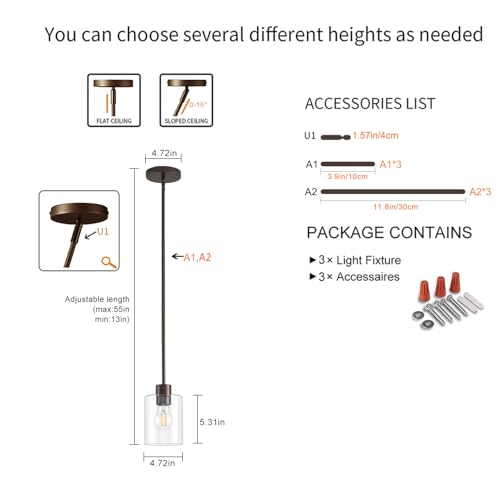 Oil Rubbed Bronze Pendant Lights Kitchen Island - Clear Glass Pendant Light Fixture Multiple Stems Rods 3 Units 12 Inch 3 Units 4 Inch (3 Pack Oil Rubbed Bronze Downrod) - color: Oil Rubbed Bronze 3PK