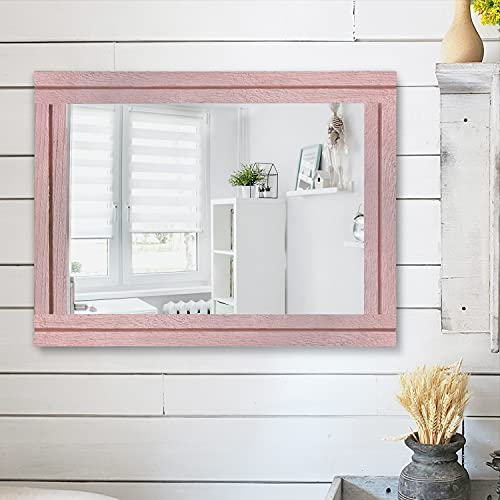 AAZZKANG Rectangle Mirror with Wood Framed Modern Farmhouse Hanging Wall Mirrors Decor for Bedroom Bathroom Living Room Home Entryway Large 20"x16" - color: Light Pink, size: 20"L x 16"W