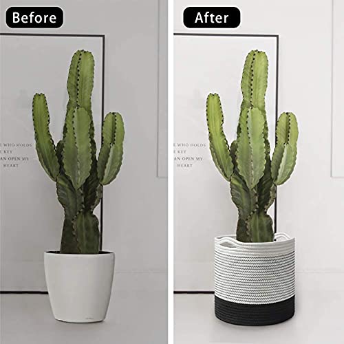Jute Rope Plant Basket Hand Woven Flower Pot Basket for 6" Flower Pot Floor Indoor Planters Modern Storage Organizer Foldable Basket Rustic Home Decor White Stitching Black H6 3/4" x W6 1/2"