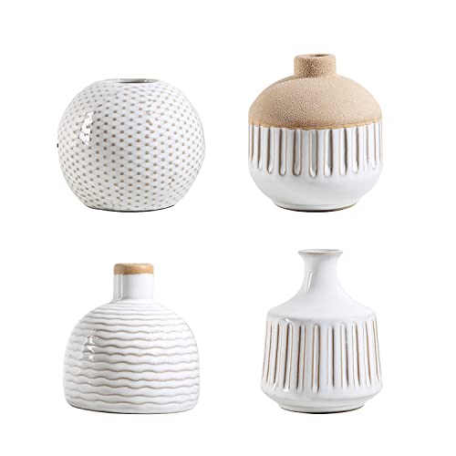 Boho Minimalist Small Ceramic Vase Set of 4 for Bedroom Living Room Office Fireplace Centerpiece Antique White Vintage Farmhouse Rustic Retro Flower Vases Home Decor Gift for Fake Plants - color: Antique