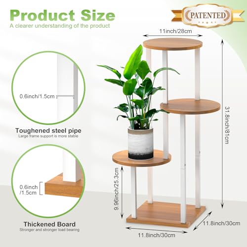 4 Tier Wood Tall Plant Stand Metal Rack Indoor, Multiple Flower Pot Holder Shelves Corner Rack, Round Planter Shelf Display Rack Storage Organizer for Patio Living Room Balcony(White+Wooden) - color: White+Wooden, size: 4 Tier