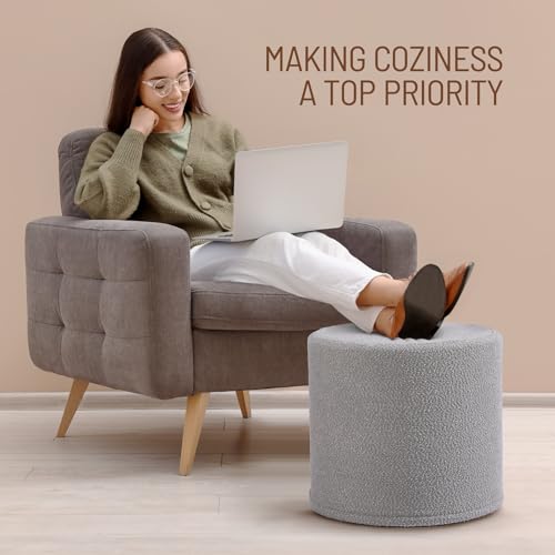 Grey Round Ottoman Foot Rest Stool – Modern Boucle Fabric Footstool with Soft Foam Filling, Lightweight Pouf for Living Room, Bedroom, Home Office – Neutral Grey - color: Grey