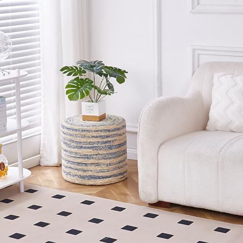 Wimarsbon 18'' Ottoman Pouf, Natural Braided Poof, Rustic Handweave Lounge Pouffe, Boho Footrest Stool for Bedroom, Accent Table for Living Room (Blue Corn Husk) - color: 18inch Natural & Blue Corn Husk