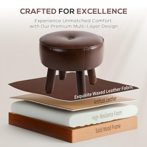 oakvivo Small Foot Stool Ottoman, Round Pouf Foot Rest, Footstool Ottomans with Rubber Legs Under Desk, Faux Leather Footrest for Couch, Living Room, Bedroom, Office, 13''L x 13''W x 10.2''H, Coffee - color: Coffee