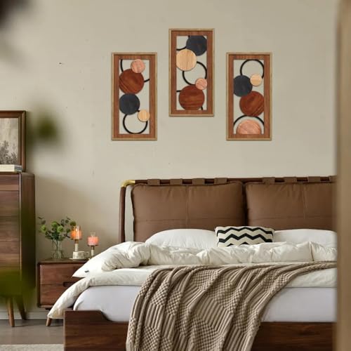 KAIRNE Boho Abstract Wooden Wall Art,3 pieces Vintage Modern Wall Sculptures,Rustic Farmhouse Framed Hanging Decor,Minimalist Mid Century Wall Decor for Living Room Bedroom Kitchen Office,8X16 inch - color: Boho Abstract, size: 8"L x 16"W