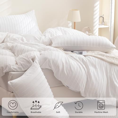 JELLYMONI Bright White Duvet Cover Full Size - 3PCS Microfiber Tufted Duvet Cover Set, Boho Striped Tufted Textured Duvet Cover with Corner Ties & Zipper Closure - color: Bright White-striped, size: Full(80"×90")