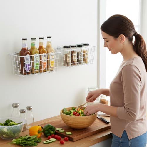 2 Set LeleCAT Hanging Wall Basket Organizer Over the Cabinet Door Adhesive Wire Baskets for Organizing Kitchen Food Pantry Bathroom Shelf Storage No Drilling Wall Mounted,White - color: White, size: 2 PACK