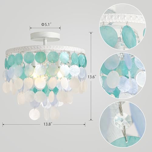 13.8" Natural Capiz Shell Chandelier 3 Light Mini Chandelier Boho Ceiling Light Entryway Light Fixture for Girls' Bedroom Hallway Living Room Dinning Room Brushed White Bulb Included - color: Ocean Blue, size: 13.8 inch