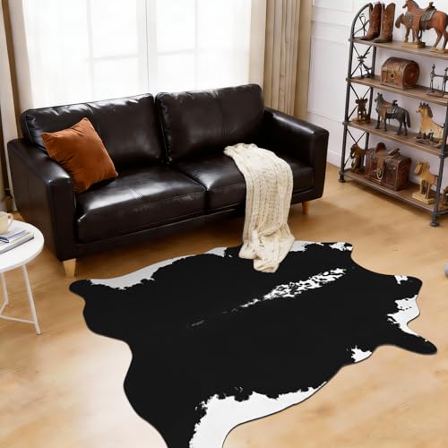 BENRON Premium Cowhide Rug Black, Faux Cow Hide Rugs for Living Room Bedroom Western Home Decor, Non Slip Cute Rug with Irregular Animal Skins and Hides, 2.9 x3.9ft - color: Black, size: 2'11" x 3'11" (Irregular)