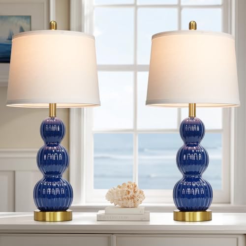 28" Navy Blue Table Lamps Set of 2 for Living Room, Modern Ceramic Bedside Lamps for Bedroom, Ribbed Gourd Table Lamps for Nightstand (2 LED Bulbs Included) - color: Navy Blue - 28"H