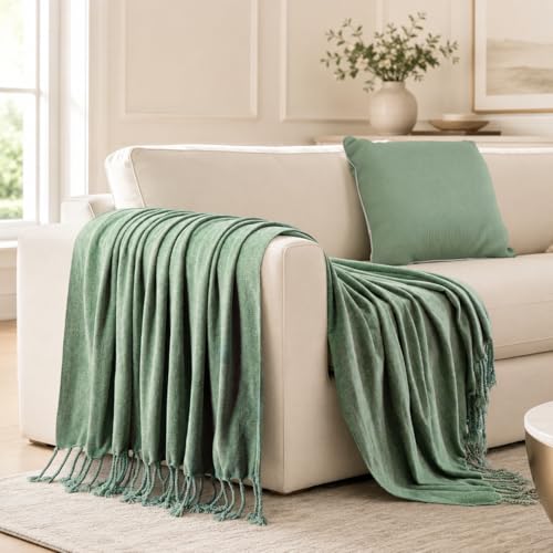 BATTILO HOME Sage Green Chenille Throw Blanket for Couch, Soft Cozy Textured Knit Throw Blanket with Handmade Fringe Tassels, Lightweight Decorative Farmhouse Blanket for Sofa Bed Chair, 50"x60" - color: Sage Green
