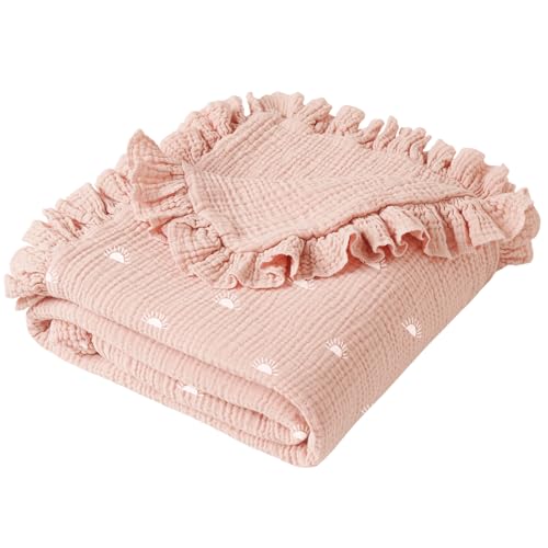 Konssy Flounce Muslin Baby Blanket for Girls Boys, 100% Cotton Soft Crib Swaddle Blankets, Reversible & Breathable Nursery Bedding for Newborns Toddlers, 43x39 Inches (Sun) - color: Sun, size: 43"x39"