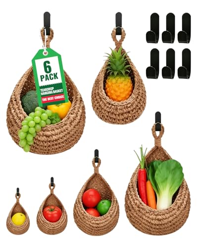 6 Pack Boho Wall Hanging Fruit Baskets, Kitchen Hanging Fruit Basket with 6 Pcs Hooks, Handwoven Teardrop Home Storage for Fruits, Vegetable, Potato