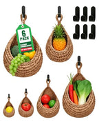 6 Pack Boho Wall Hanging Fruit Baskets, Kitchen Hanging Fruit Basket with 6 Pcs Hooks, Handwoven Teardrop Home Storage for Fruits, Vegetable, Potato