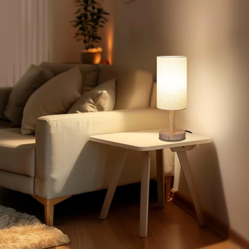 LALISU Small Table Lamp for Bedroom, Nightstand Lamp Linen Lampshade Bedroom Wood Base Small Bedside Lamp for Night Stands, Desk Lamps for Reading Living Room, Office (LED Bulb Included) (Wood Base) - color: Beige Shade+Wood Base