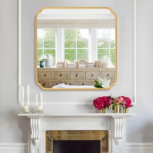 Ferytange Gold Bathroom Mirror for Wall 36" x 36" Square Bathroom Vanity Mirror Farmhouse, Large Rounded Rectangle Mirror, Anti-Rust, Tempered Glass, Hangs Horizontally or Vertically - color: Gold, size: 36"L x 36"W