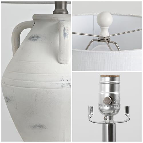 JONATHAN Y 20.5" White Ceramic Pottery Jar Table Lamp Set of 2 for Bedroom Living Room, Rustic Coastal French Country Cottage Style, White Linen Shade, LED Bulbs Included JYL5502A-SET2
