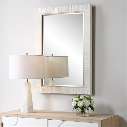 BOWERY HILL Contemporary Glass Mirror, 35" H x 25" W x 1.65" D, Whitewashed Rattan-Look Frame, 1" Bevel Accent Mirror for Coastal Style Bathroom or Home Decor