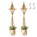 Wooden Dowel & Diamond Macrame Plant Hangers 2 Pack 39 Inch, Handwoven Cotton Rope Plant Holder with S Hooks, Boho Home Decor for Indoor Plants for up to 10in Pot (Caramel Wood Hanger)
