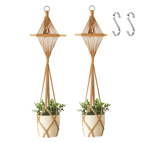 Wooden Dowel & Diamond Macrame Plant Hangers 2 Pack 39 Inch, Handwoven Cotton Rope Plant Holder with S Hooks, Boho Home Decor for Indoor Plants for up to 10in Pot (Caramel Wood Hanger)
