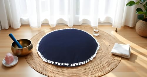 Mandala Barmeri Large Floor Pillow Cover Cushion Meditation Seating Ottoman Throw Cover Hippie Decorative Zipped Bohemian Pouf Ottoman Poufs, Pom Pom Pillow Cases (Blue, 32" Round) - color: Blue, size: 32"D x 4"W x 32"H