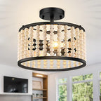 Farmhouse Boho Light Fixture - Wood Beaded Chandelier, Rustic Semi Flush Mount Ceiling Light, Black 2-Light Nursery Light Fixture for Kitchen Island Foyer Hallway Bedroom Living Room, E26 Base - color: Black Chandelier