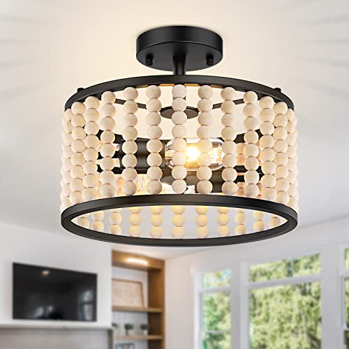 Farmhouse Boho Light Fixture - Wood Beaded Chandelier, Rustic Semi Flush Mount Ceiling Light, Black 2-Light Nursery Light Fixture for Kitchen Island Foyer Hallway Bedroom Living Room, E26 Base - color: Black Chandelier
