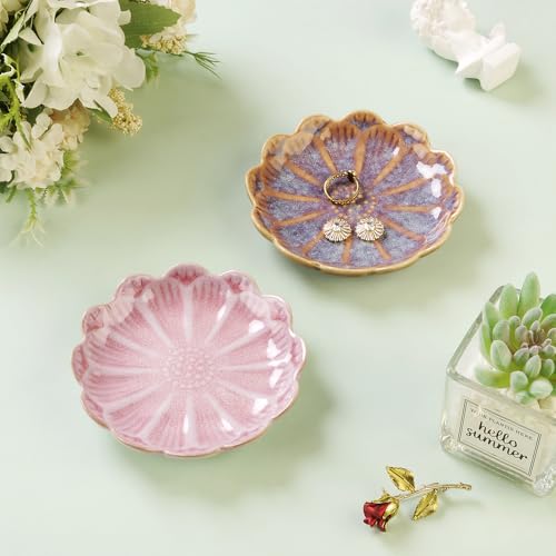 Lotus Ring Holder Dish Small Indoor Ash Tray, Ceramic Dessert Plate Trinket Jewelry Holder Organizing Necklace Earrings for Parents Friends Sister, Pink. All Jewelries Are NOT Included. - color: Pink-Round