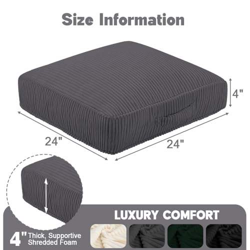 Floor Pillow for Adults Set of 2, 4" Square Floor Cushions with Washable Cover, Large Corduroy Meditation Pillow, 24 inches Tatami Seat with Handle for Living Room or Yoga, Dark Grey - color: Dark Grey, size: 24x24x4.2 inch