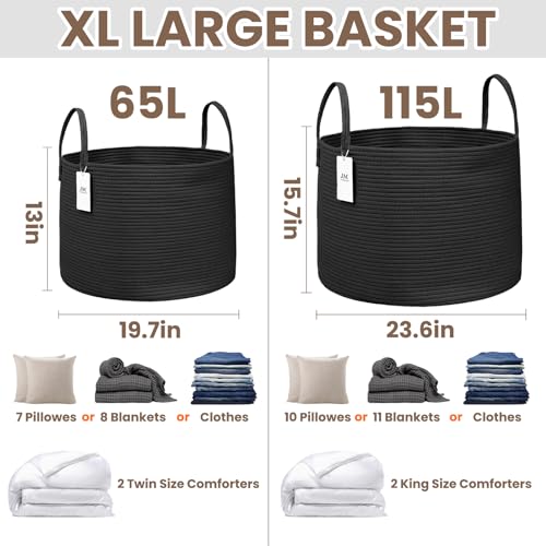 JMvicyroam 65L Extra Large Blanket Basket for Living Room - Woven Cotton Rope Laundry Hamper with Reinforced Handles - Storage Bin for Pillows, Comforters & Toys - Machine Washable,Black - color: Black, size: 65L