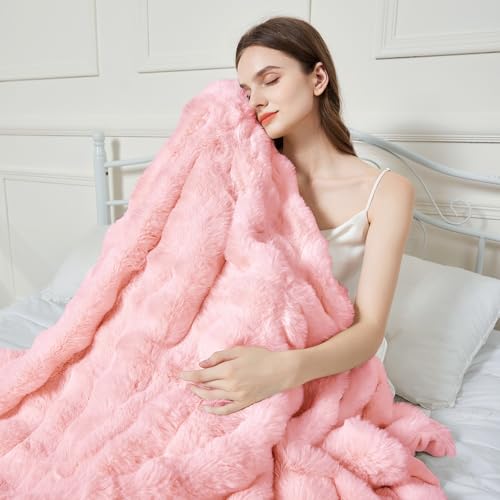Faux Rabbit Fur Throw Blanket for Couch, Fluffy Warm Plush Thick Bubble Blanket for Bed Sofa Living Room, Soft Cozy Furry Blanket, 50x60 inches, Pink - color: Pink, size: Throw50"x60"