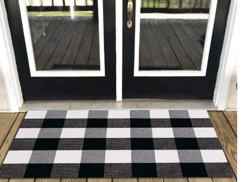 Outdoor Front Door Porch Rug 2x4.3 ft Front Door Rugs Stripe Black White Layering Under Door Mats Rugs. Cotton Woven Checkered Runner, Carpet for Farmhouse Laundry Welcome Deocr