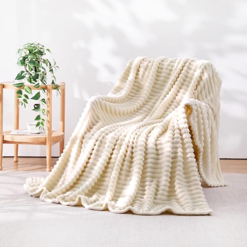 Beige Throw Blanket for Couch Sofa 50 * 60 inches Striped Fleece Blankets Room Home Decor Lightweight Plush Soft Cozy Gifts for Women Mom Girls - color: Beige, size: Throw(50"x60")
