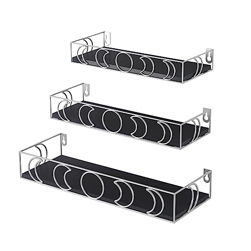 PHAREGE Moon Phase Floating Shelves Black Silver, Set of 3 Small Decorative Wall Shelves for Book Plant Storage, Crystal Figurine Collectibles Display Shelf for Bedroom Kid Room - color: Black Silver