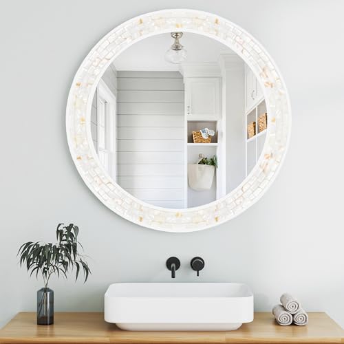 26 Inch Round Wall Mirror with Natural Shell Inlay Mosaic Frame, 3MM Tempered Glass Vanity Mirror, Pre-installed 2 D-Ring Hangers, Easy Install Decorative Circle Mirror for Bathroom Bedroom Entryway - color: White, size: 26"L x 26"W