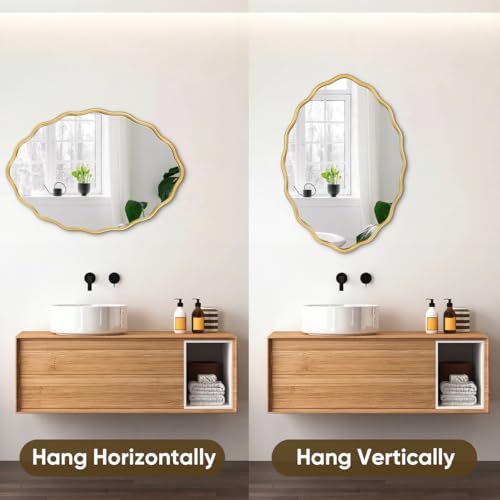 Oval Bathroom Mirror Wall Mounted Large Decorative Wall Mirror for Living Room, Bedroom, or Entryway – Vintage Sunburst Design with Beveled Detailing – Wavy Frame Vanity Mirror (Gold) - color: Gold