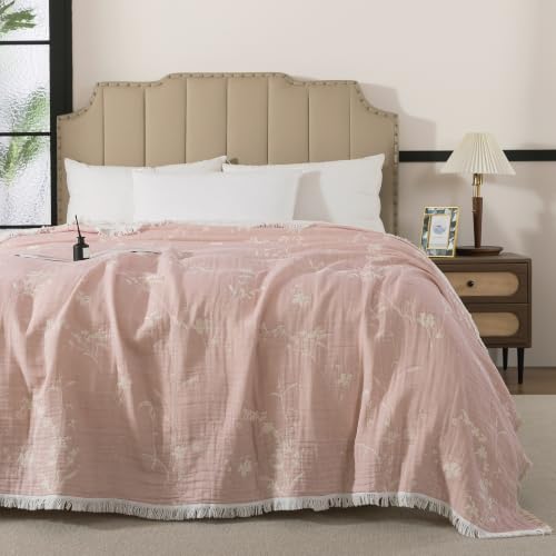 Lemfux 4-Layer 100% Cotton Muslin Cooling Blanket, Boho Floral Gauze Throw with Fringe, Ultra Soft Breathable Lightweight Bedspread Coverlet for Bed Sofa Couch (Pink-White Floral, 60"x80") - color: Pink-white Floral, size: 60"x80"