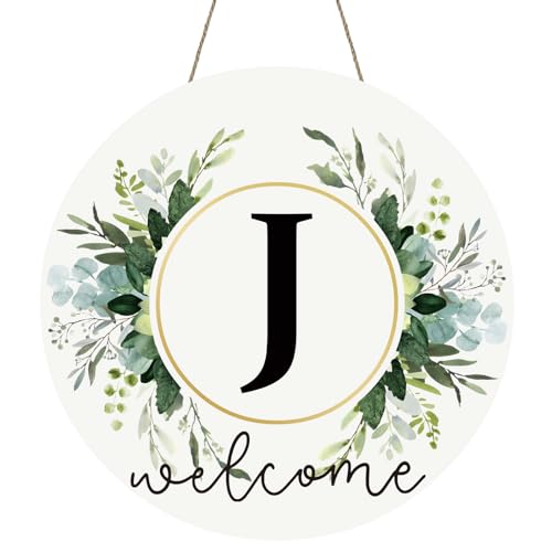 Monogram Letter J Wreaths for Front Door Wreath Wooden Welcome Sign for Front Door Decor Floral Family Last Name Initial House Warming Spring Summer Porch Rustic Wall Home Kitchen Boho Decorations - color: Letter J