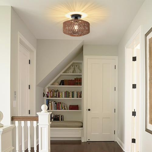 Boho Rattan Light Fixtures, Dimmable Ceiling Light with LED Bulb, Hand Woven Rattan Chandelier for Bedroom, Living Room, Entryway (Dark Brown) - color: Dark-Brown