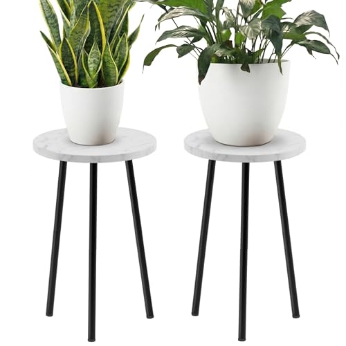Plant Stand Indoor 2 Pack: Corner Wood 20 Inch Plant Stand Mid Century Modern Decor - Small Round Plant Table for Indoor Plants - Plant Holder for Patio Living Room Bathroom Office (White Marble) - color: White Marble, size: 20"&20"
